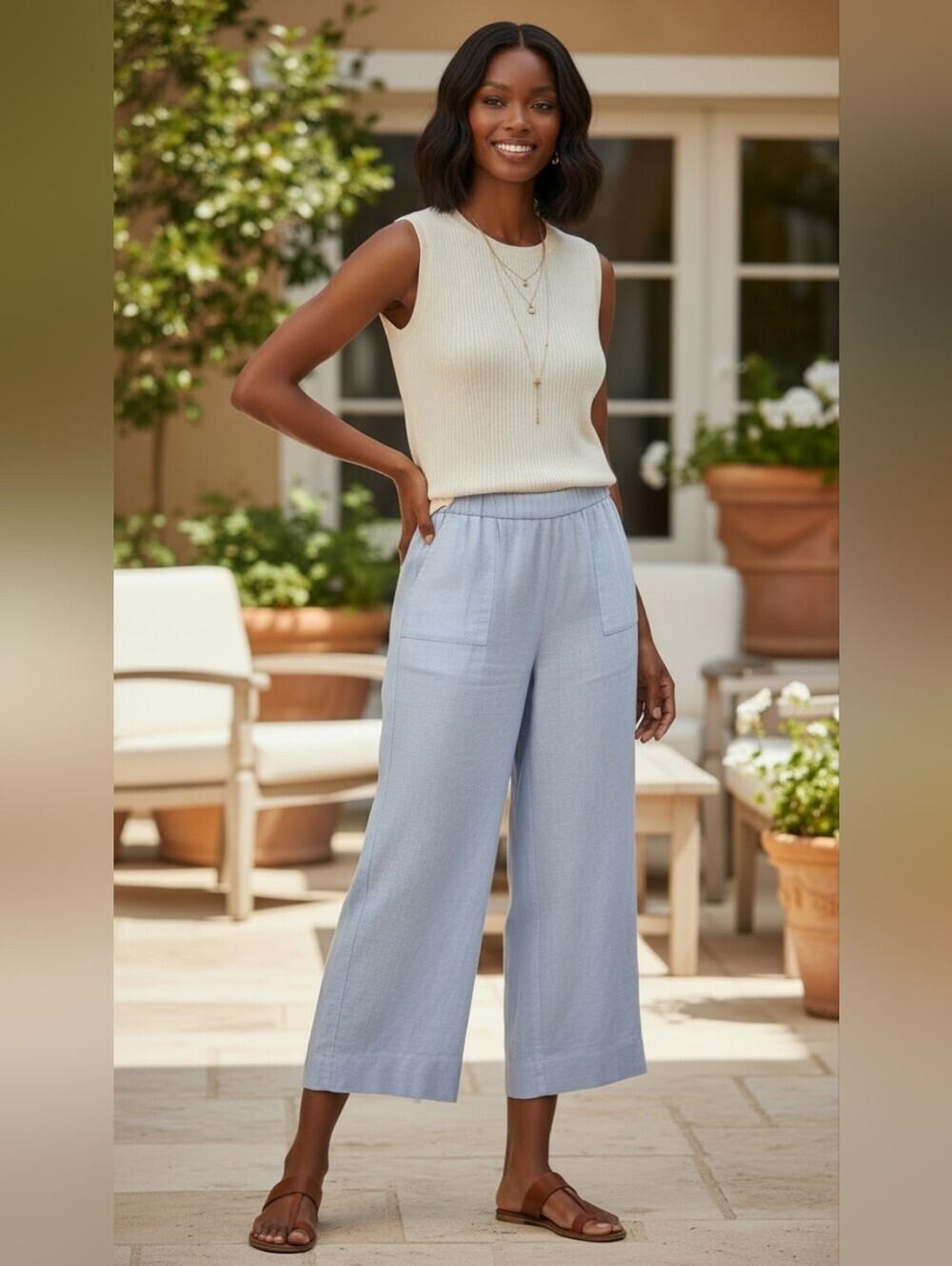 Chelsea & Theodore 100% Linen Wide Leg Crop Pants | Light Blue Stripe | Size M |